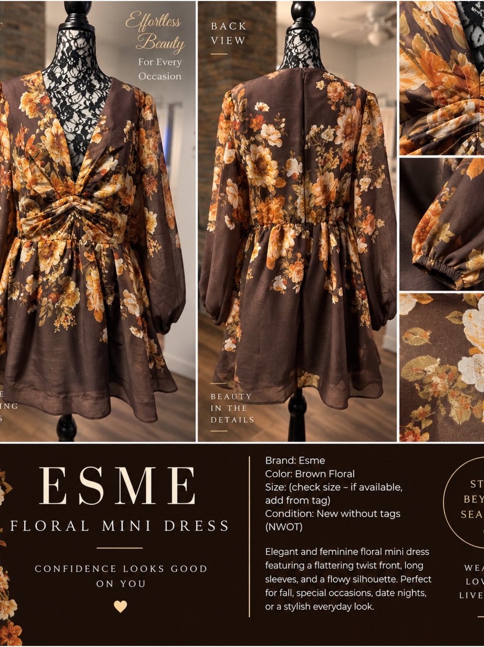 🌸 Fashion Nova Esme Floral Mini Dress — Brown | 2X | NWOT 🌸